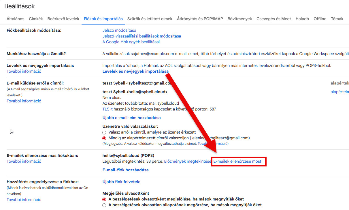 Gmail e-mailek kézi ellenőrzése a „E-mailek ellenőrzése most” gombbal