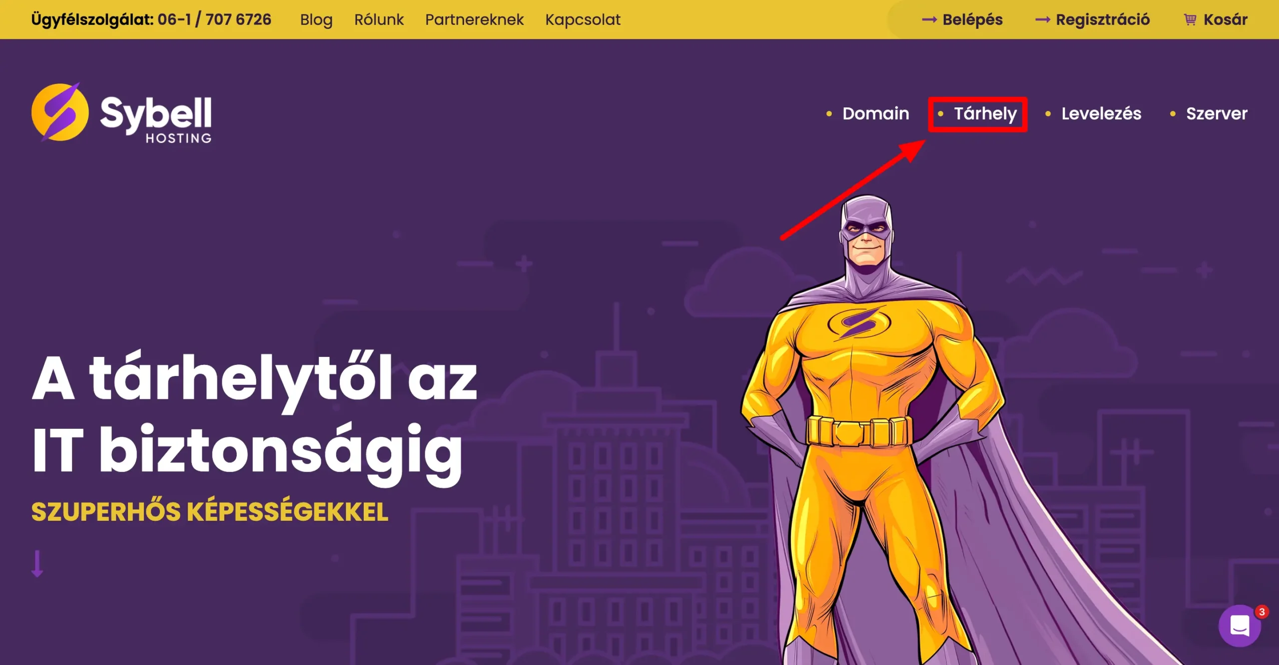 Próba tárhely rendelés menete - a Sybell.hu-n a Tárhely menüpontra kattintsunk