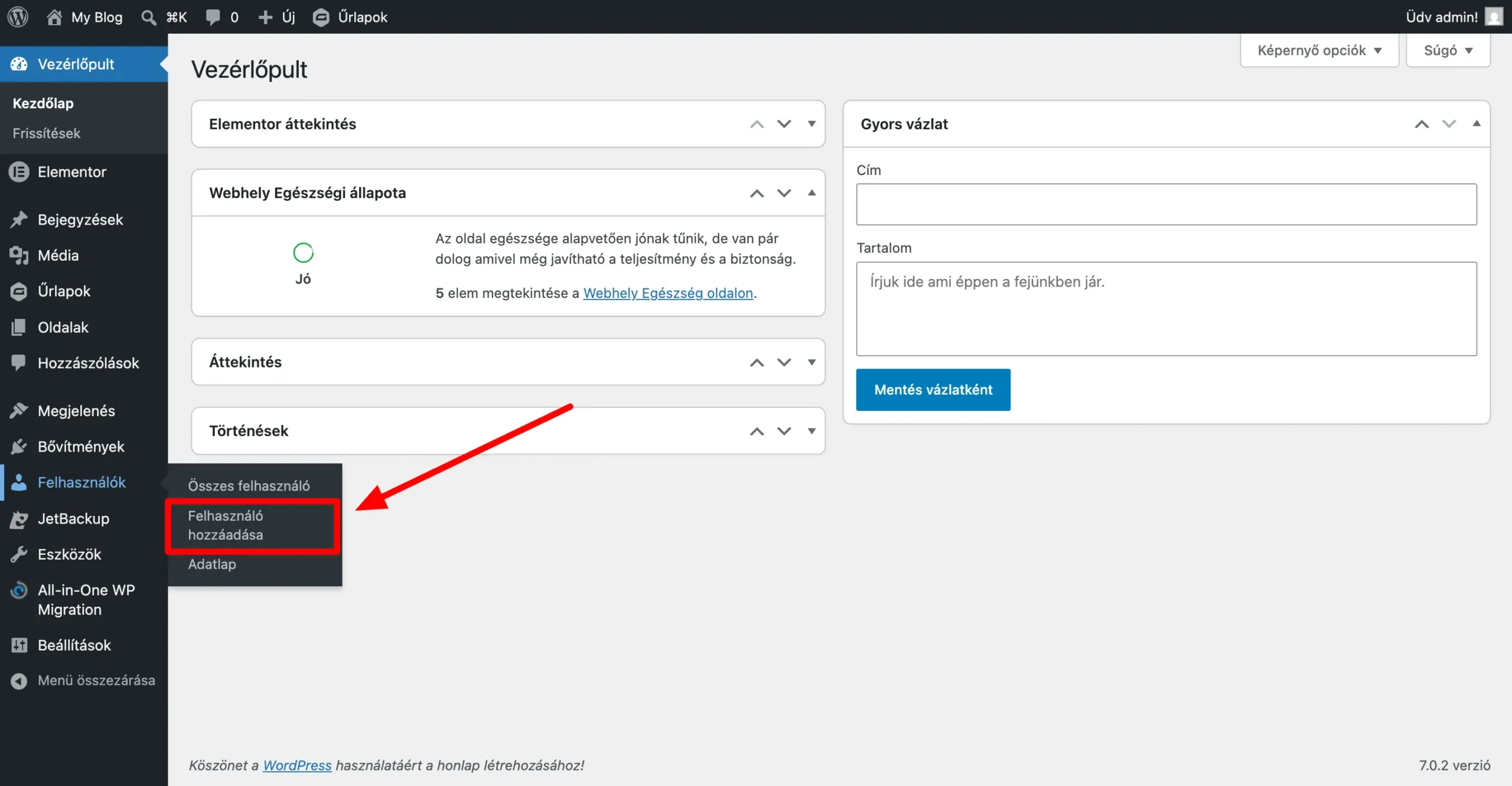 Felhasználók menüpont és Felhasználó hozzáadása almenü a WordPress admin oldalsávban