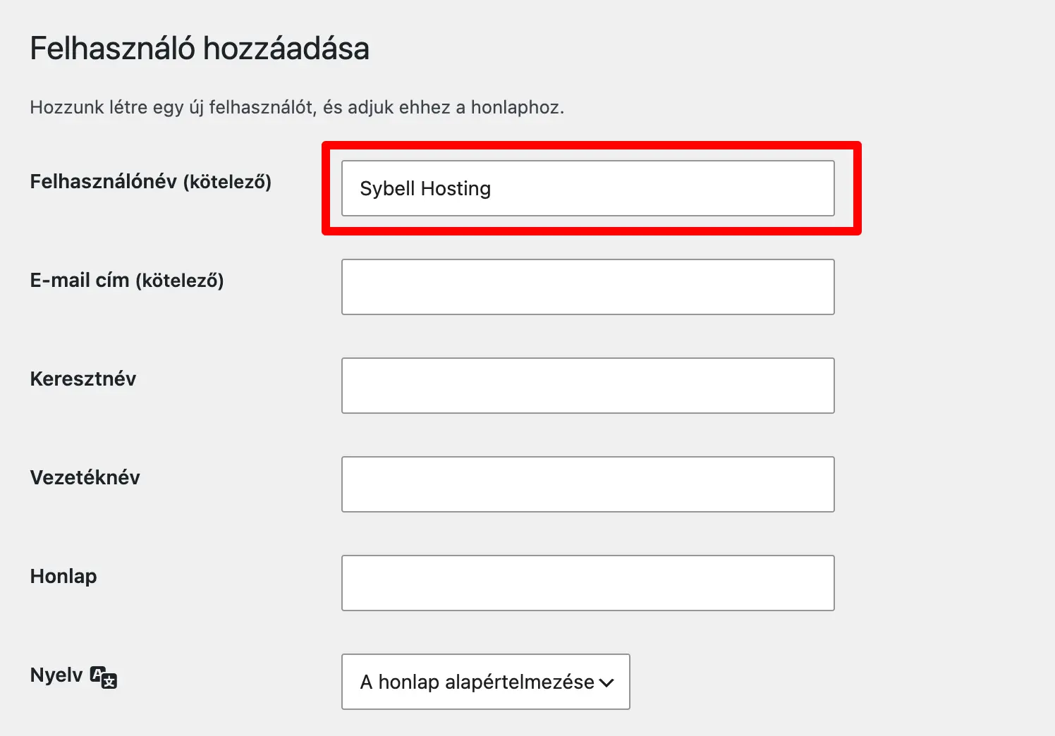 Felhasználónév mező kitöltése az új felhasználó űrlapon
