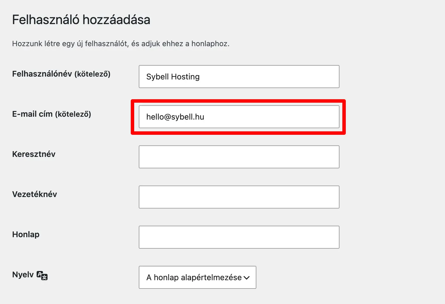 E-mail cím mező kitöltése az új WordPress felhasználó létrehozásakor