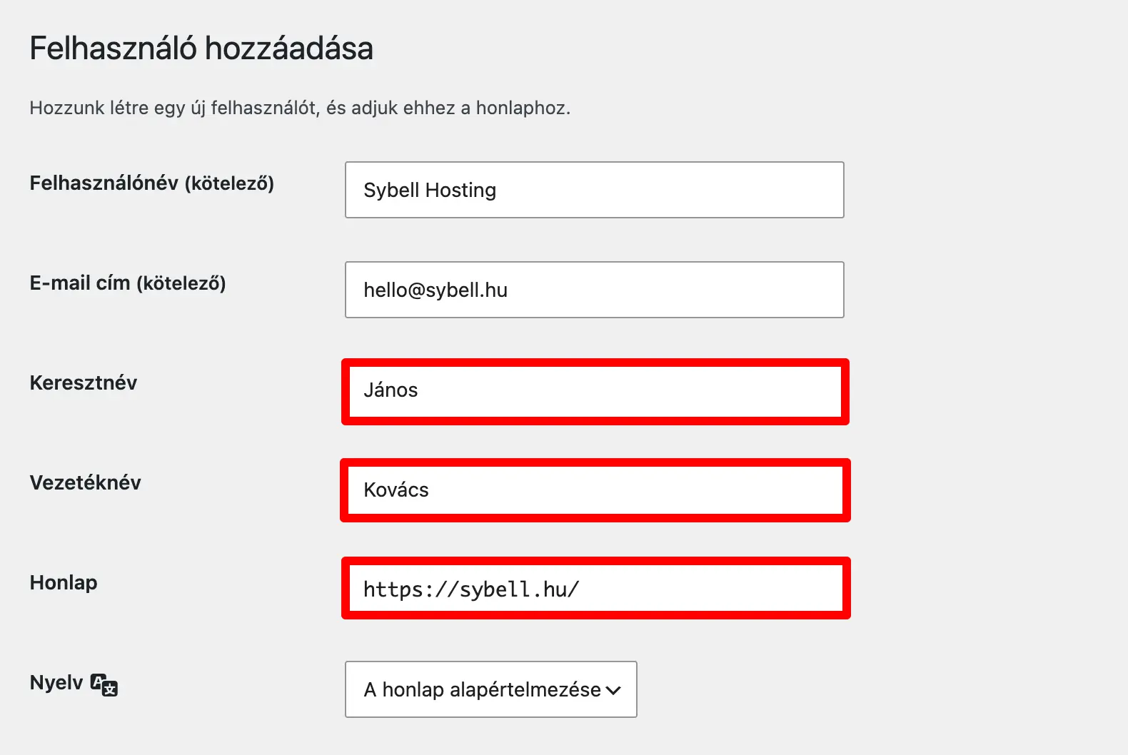Vezetéknév, keresztnév és weboldal opcionális mezők az új felhasználó űrlapon