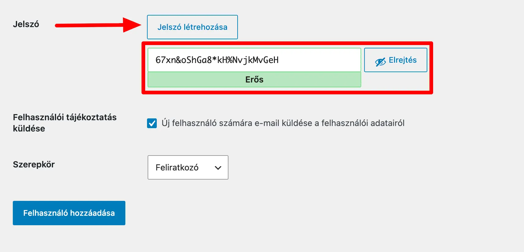 Jelszó generálása és beállítása új WordPress felhasználóhoz