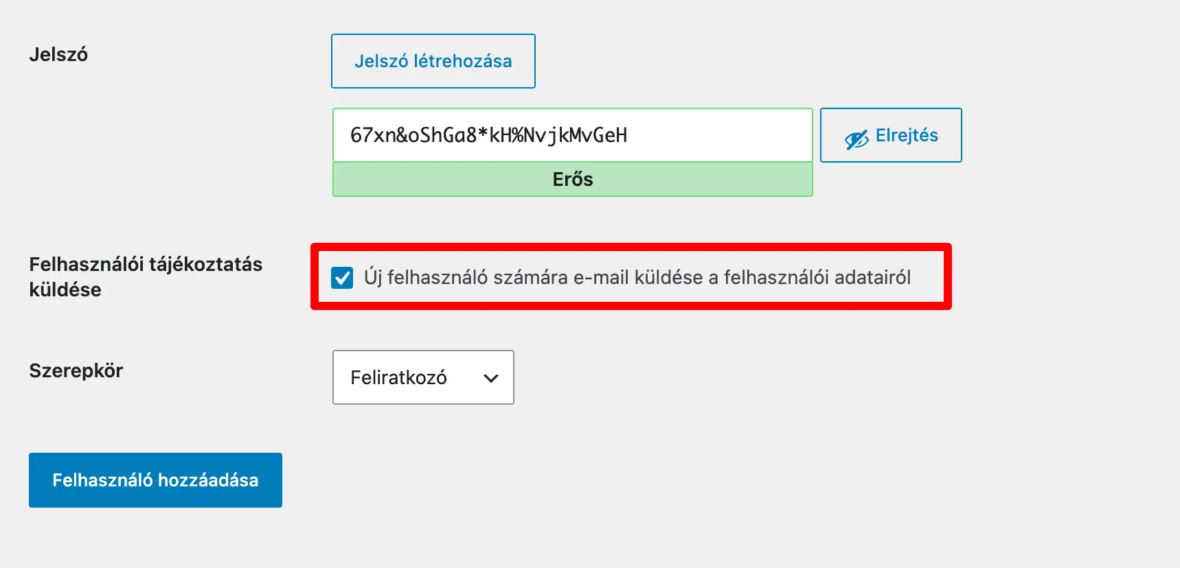 Értesítés küldése az új felhasználónak jelölőnégyzet bejelölése