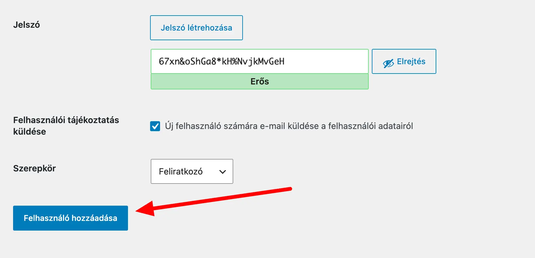 Új felhasználó hozzáadása gomb a WordPress admin felületen