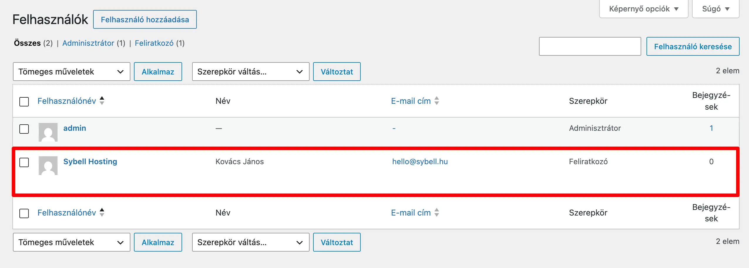 Felhasználó fiók elkészült a WordPress Felhasználók menüpont alatt