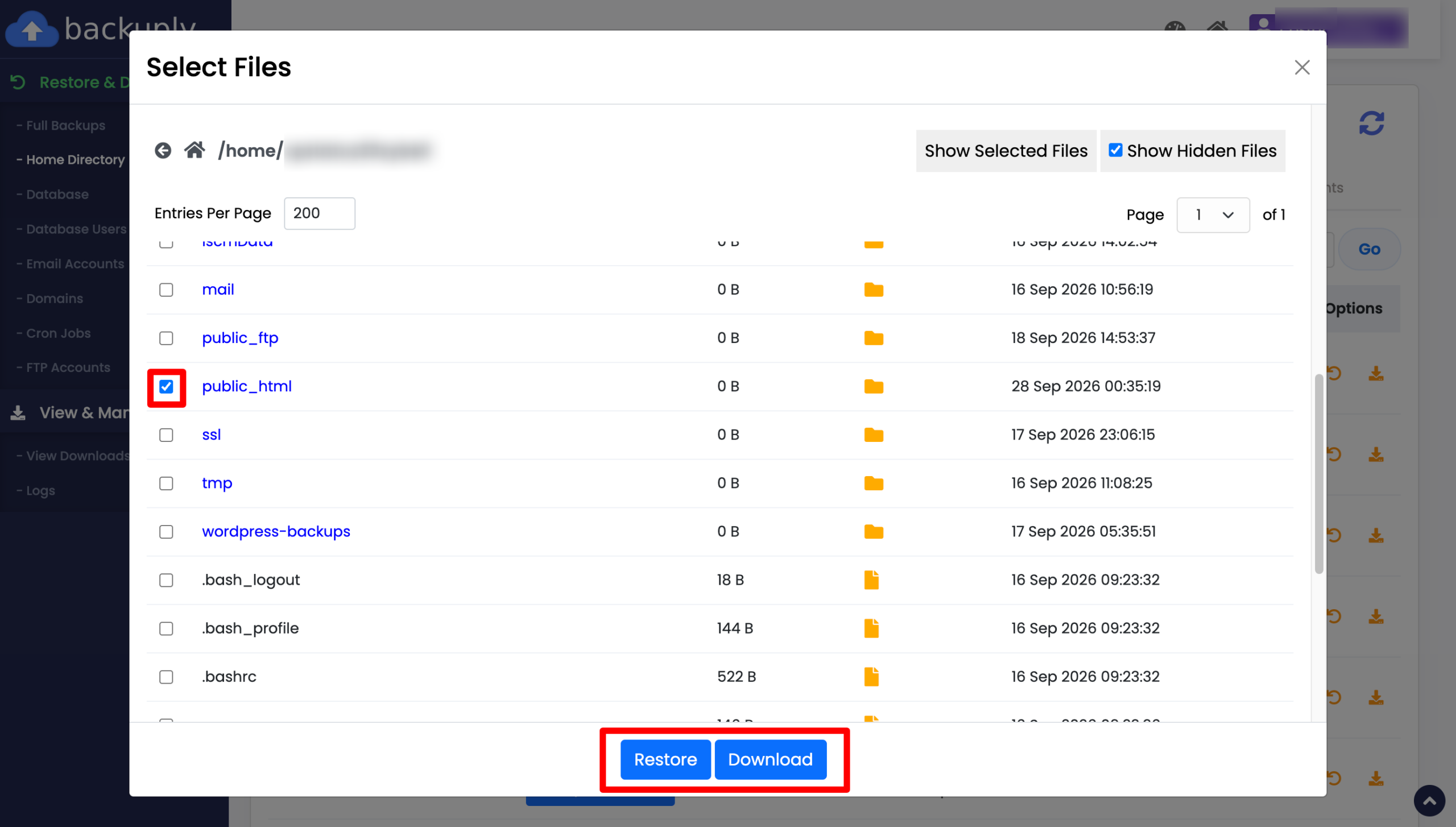 Fájlok és mappák kijelölése visszaállításhoz a Backuply Select Files ablakában
