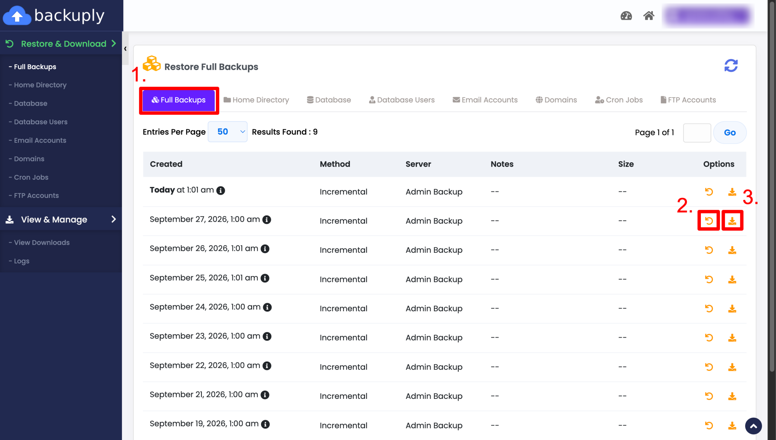 A Backuply Full Backups nézete a mentések listájával, a visszaállítás és a letöltés ikonjával