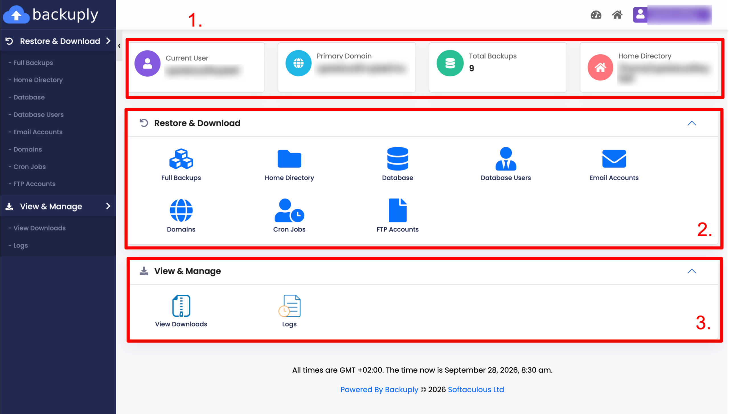 A Backuply kezdőoldala a fiókadatokkal, a Restore & Download és a View & Manage blokkal