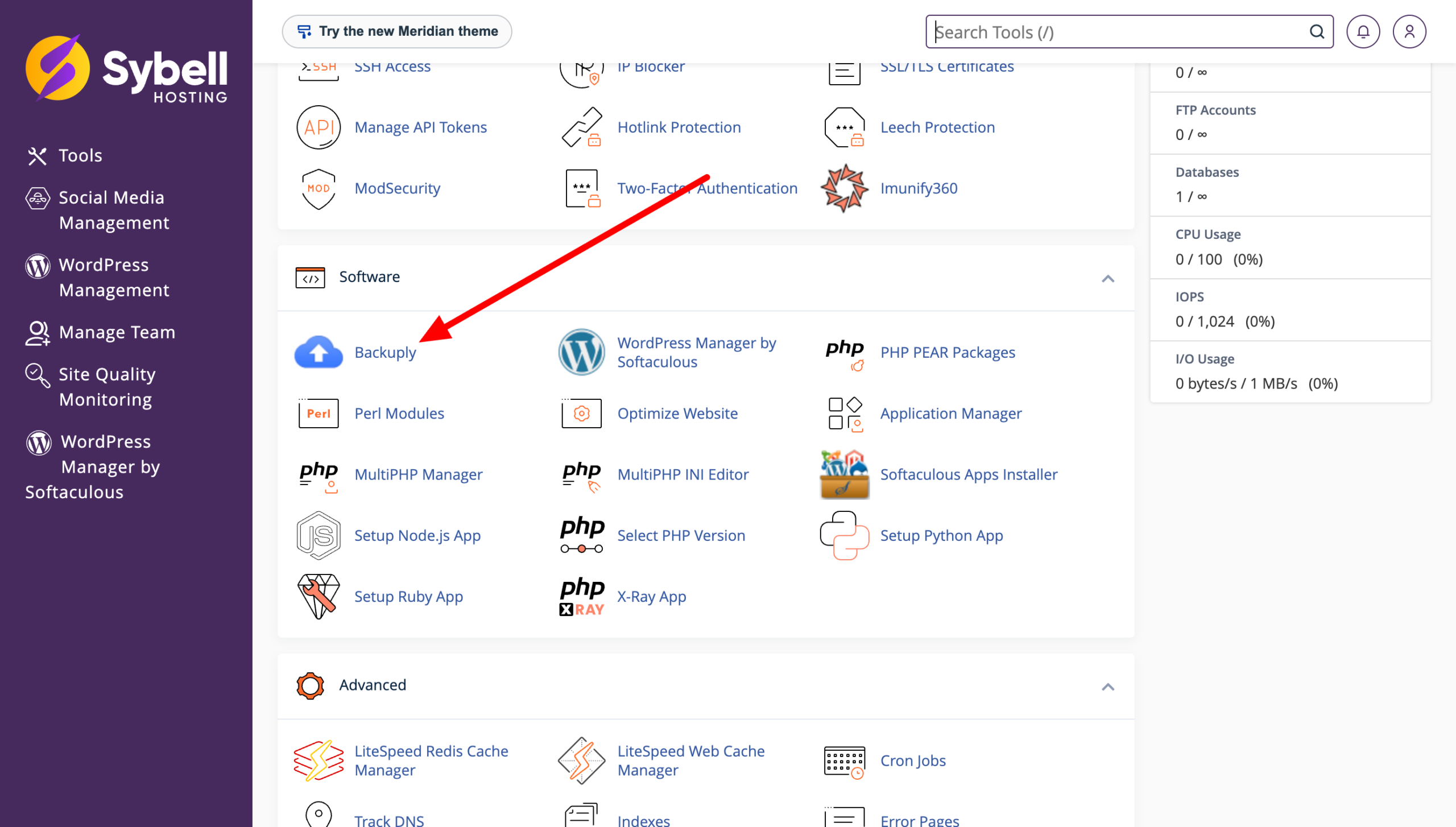 A Backuply ikon a cPanel Software szekciójában