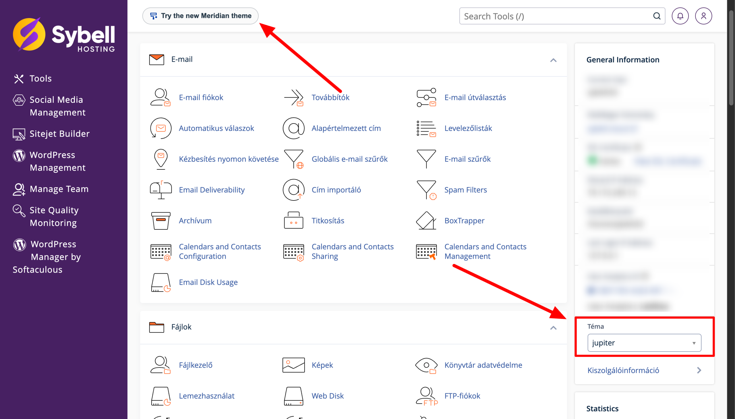 A cPanel Account Preferences oldalán a Theme résznél kiválasztható a Meridian téma