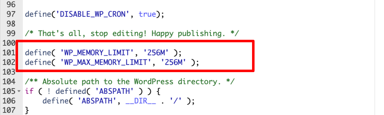 A wp-config.php fájlban látható WP_MAX_MEMORY_LIMIT sor a WordPress memória limit beállításához.