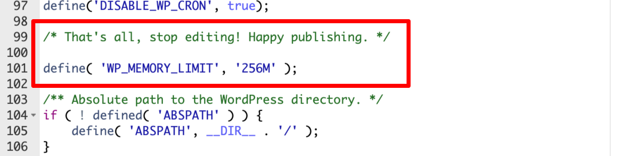 A wp-config.php fájlban látható WP_MEMORY_LIMIT sor a WordPress memória limit beállításához.